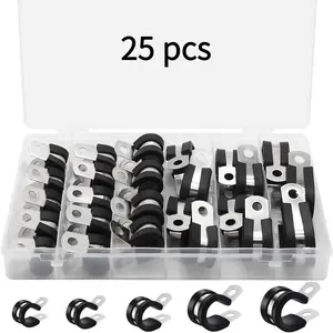 25-Piece Durable Stainless Steel Hose Clamps Set with Rubber Pads, 5 Sizes, 30-Degree Elbow Round Connector for Firm Grip on Pipes & Flexible Tubes