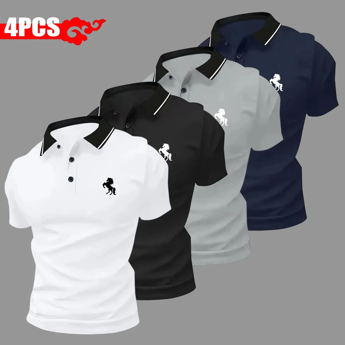 Set of 4 new summer men’s short-sleeve shirts, available in multiple colors, classic solid-color design, versatile and stylish; men’s golf shirt, polo shirt with polo collar; ideal for spring/autumn; sports casual shirt; suitable for weekend outings and b