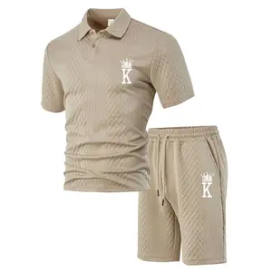 Men's King Graphic Trending Polo & Shorts Set, Jacquard Texture Summer Outfit, Lightweight Breathable Sport Set, Streetwear Matching Set