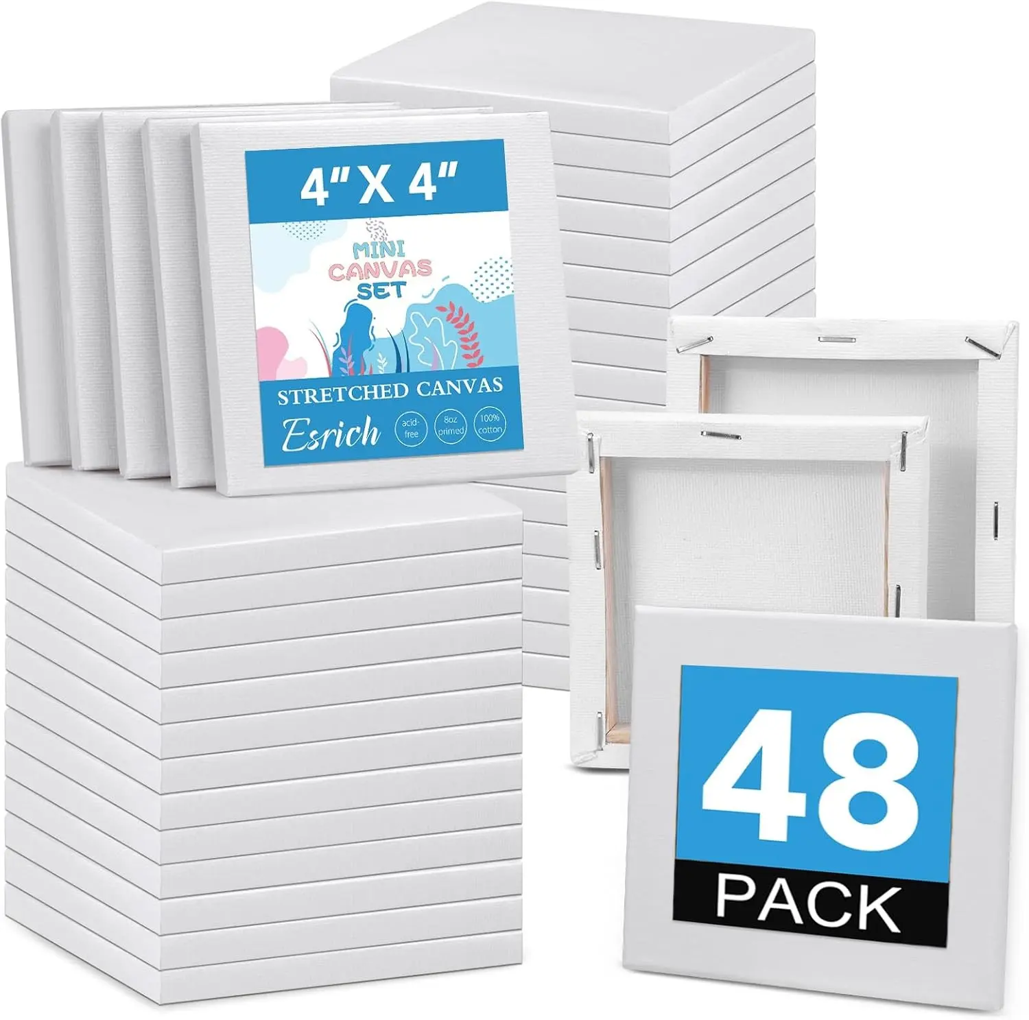 ESRICH Mini Canvases for Painting 4x4 Canvas Value Pack of 48PCS, 2/5In Thickness Small Canvas, Great for School Projects, Kids Birthday Party and Wall Decoration, White