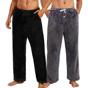 2-Pack Men’s Plush Warm Pajama Pants, Fluffy Soft Fleece Sleep Pants with Pockets Lounge PJ Bottoms for Men