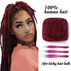 Exyhair #Aubergine Burgundy Tight Afro Kinky Human Hair Bulk for Dreadlock Extensions Repair Locs Twists Braids with Crochet Hook