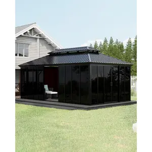 12x20 ft Sunroom Hardtop Gazebo, Enclosed Gazebo with Floor-to-Ceiling Sliding Doors, All-Aluminum Alloy Frame, Screen Outdoor Room Solarium for Backyard, Patio, and Deck