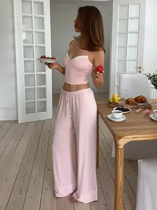 Women's Casual Basic Fitted Two-Piece Set, Knit Top & Straight-Leg Pants, Low Neck Sleeveless Design, Spring & Fall Fashion Womenswear Clothes