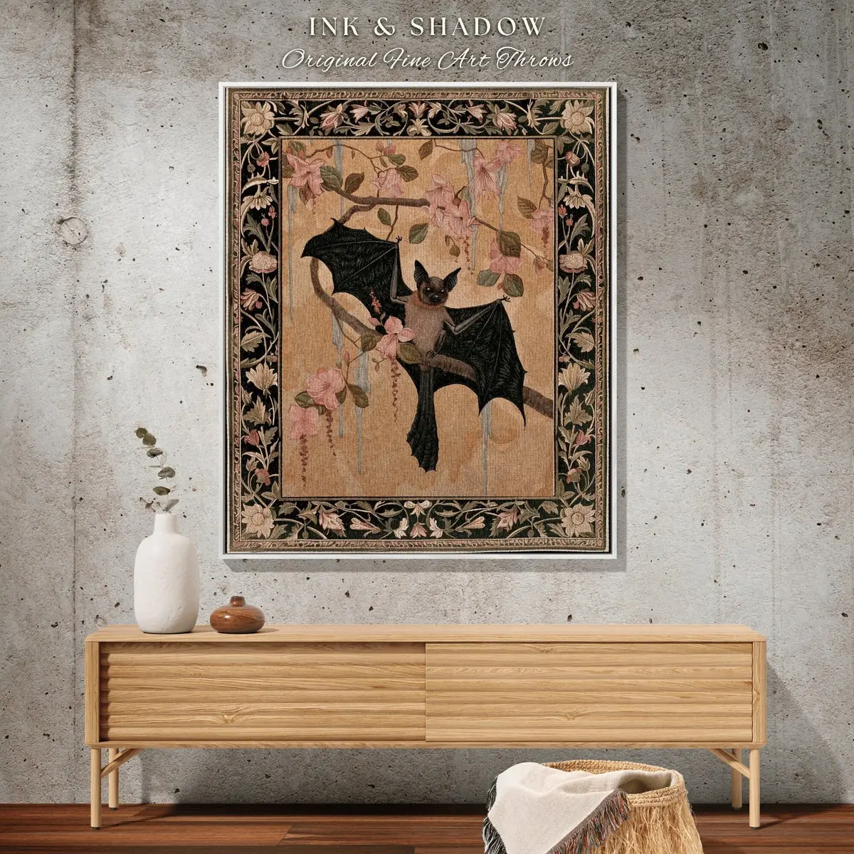 Crowcore Woven Bat Tapestry, Dark Floral Cottagecore Tapestry Crowcore Wall Art Bedroom Decor Astrology Bat Colorful Wall Art Victorian Room Decor, Unframed