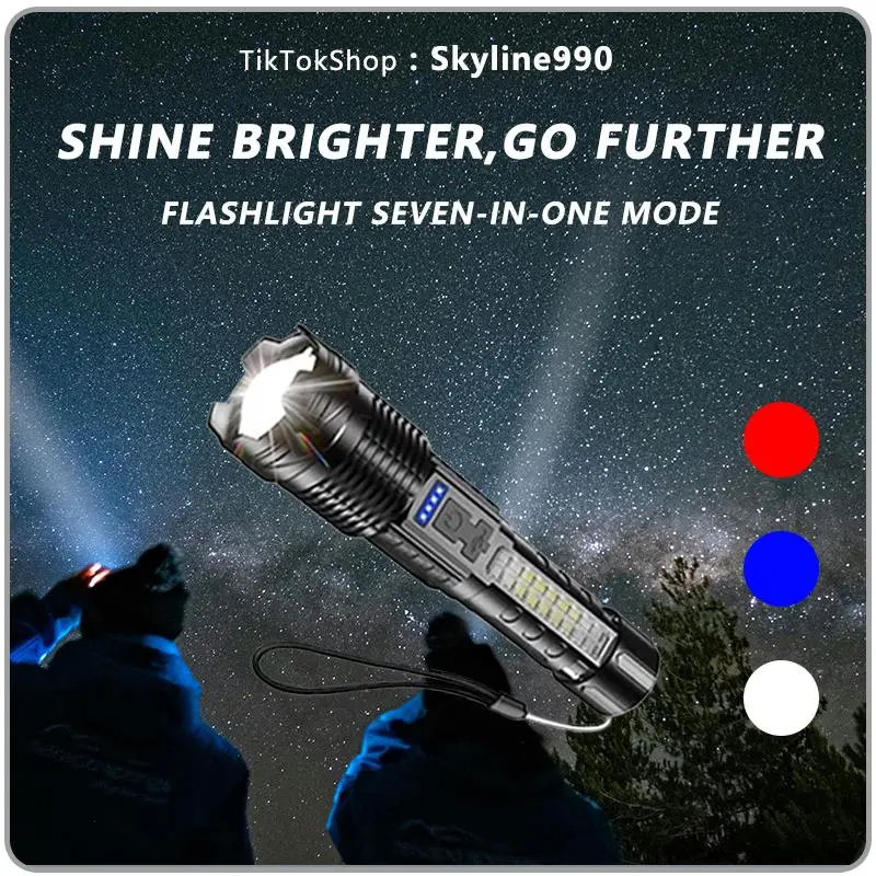 High Lumens Strong Light Flashlight – USB Rechargeable with Adjustable Zoom,Emergency White Light,Red & Blue Alarm Lights. Waterproof and Durable for