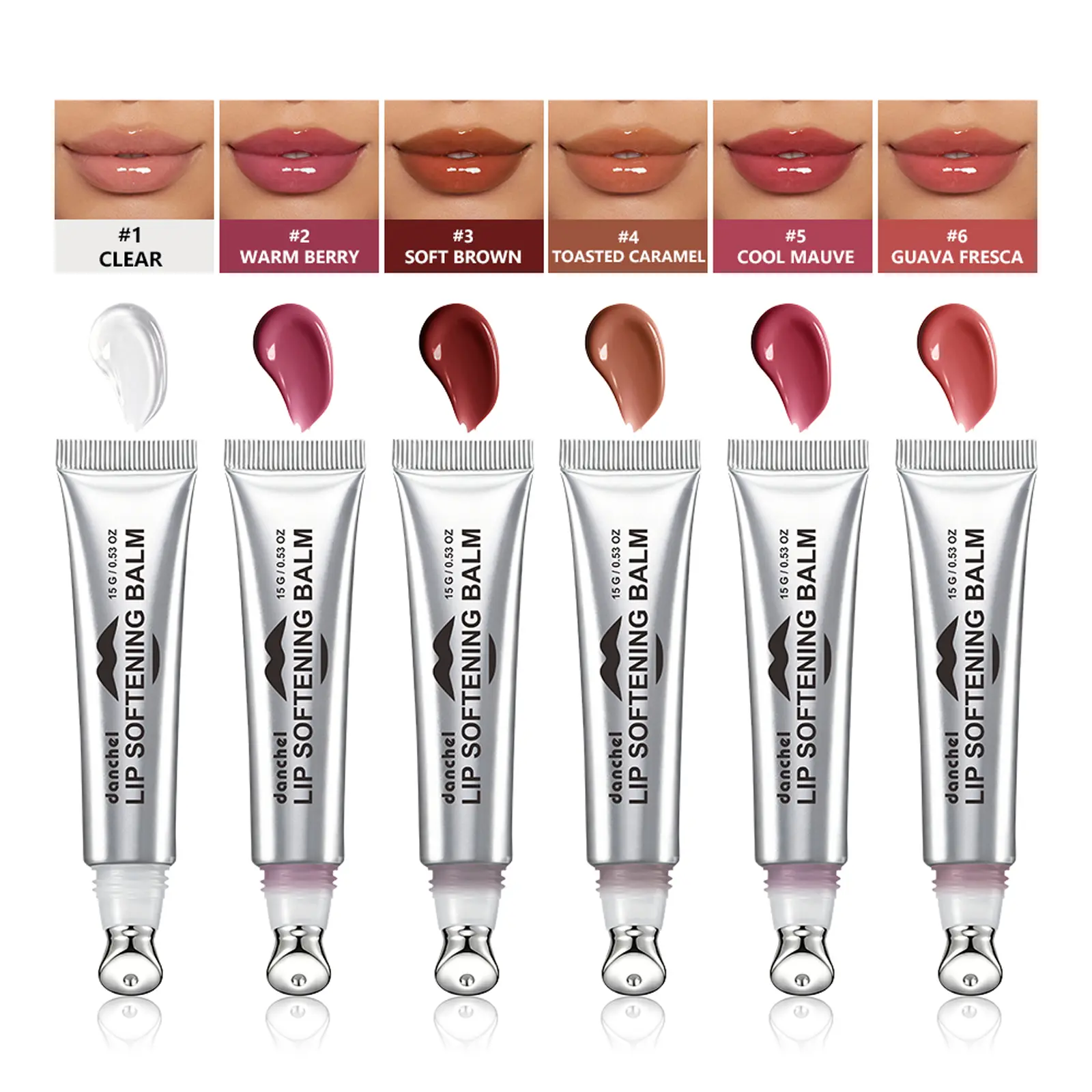 6-Color Moisturizing Lip Softening Balm, Tinted High-ShineGloss with Metal Applicator Tip, Helps Smooth the Look ofFine Lip Lines, Suitable for Day and Night Use