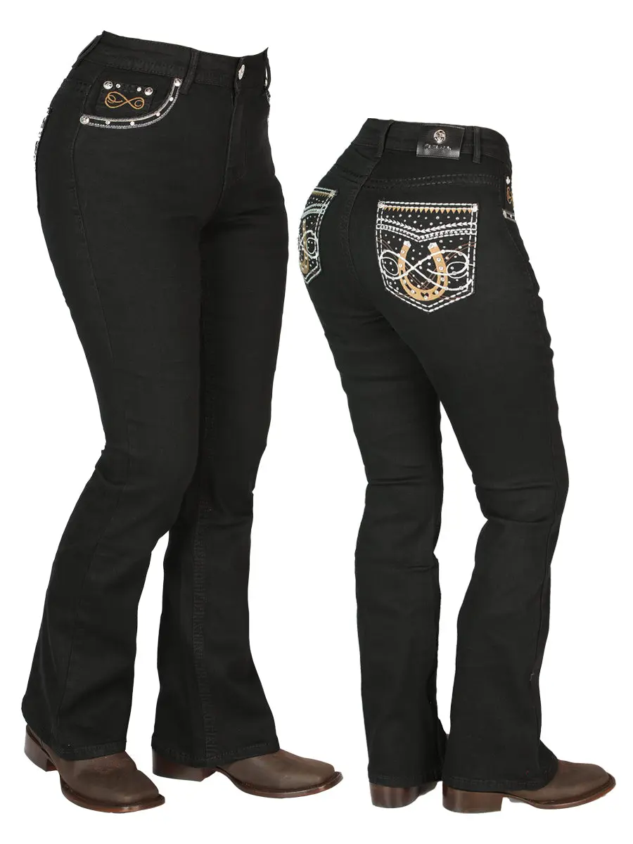 Women's Black Embroidered Horseshoe Bootcut Jeans 44960