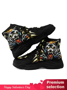 Men's Wolf Print Lace Up High Top Sneakers, Casual Comfortable Breathable Sports Running Shoes, Male All-match Round Toe Shoes for Daily Wear Valentine's Day, Gift for Him