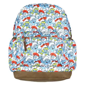 The Smurfs Backpack Papa Smurf and Smurfette Allover Collage Design Laptop Tech Sleeve School Book Bag Daypack 16"