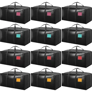 12-Pack Extra Large Heavy Duty Moving Bags with Reinforced Zippers and Wide Handles, Moisture-Proof Storage Boxes, Clothing Packing Cubes, Suitable for College Dorms, Travel, and Home Organization, Black