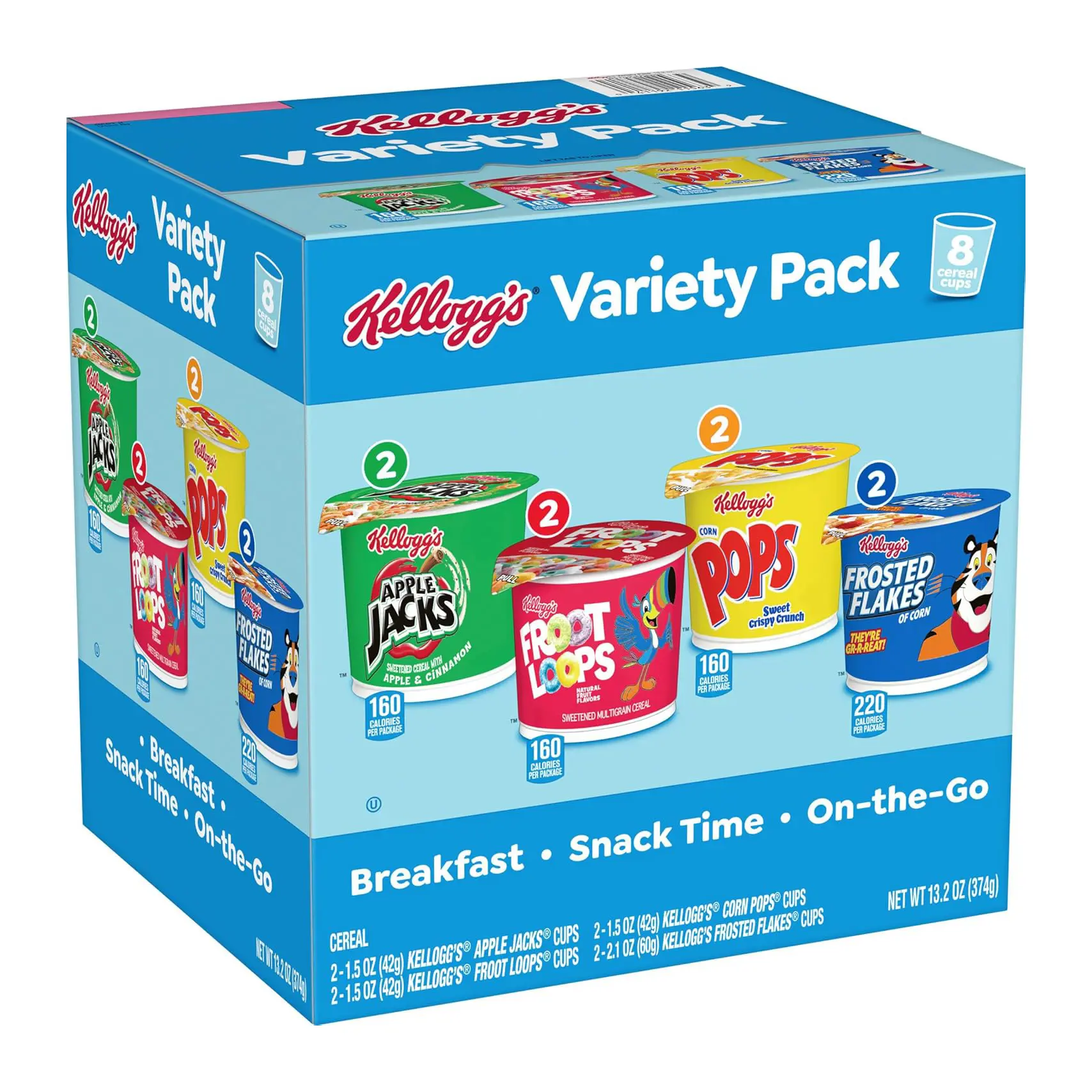 Kellogg's Frosted Flakes, Froot Loops, Apple Jacks, Corn Pops Breakfast Cereal, Variety Pack, 13.2 oz Box (8 Cups)