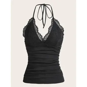 Goth  Punk Black Lace Patchwork Halter Top Women Summer Solid Ruched Backless Sleeveless Tank Top Streetwear Y2K Clothes