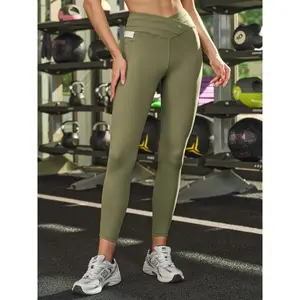 Women's Green V-Cut High-Waisted Pockets Compression Leggings, 26" Spandex-Nylon Fabric Sports Bottom
