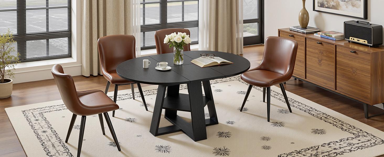 43.3‑59 in Extendable Oval Dining Table for 4‑6, Engineered Wood Round Dining Table with Hidden Extension Storage & Bottom Shelf, Space‑Saving Modern Kitchen Living Room Tables (Walnut)