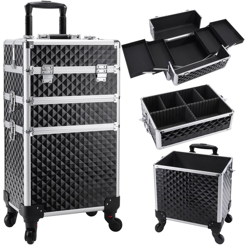 3 in 1 Rolling Makeup Train Case Large Cosmetic Trolley Salon Barber Case for Make Up Hairstylists Nail Tech Aluminum Makeup Trolley Case