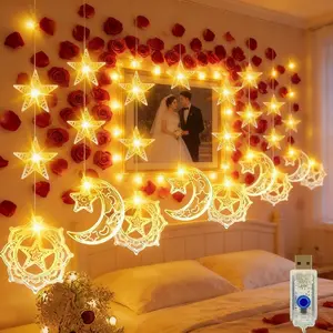 1pc 4.9m 80LED Moon & Star Leather-Look Wire Curtain Light, Contemporary Space Theme, Perfect for Indoor Wall and Bedroom Decoration, Wedding Parties, and Festive Occasions like Ramadan, Eid al-Fitr, and Eid al-Adha, Led Lights Bedroom