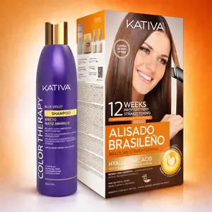 Kativa Alisado Brasileño Sin Formol - Organic Keratin Straightening Kit + Anti-Yellow  Shampoo 250ml | Argan Oil | Hyaluronic Acid | Conditioner | Haircare for All Hair Types Violet