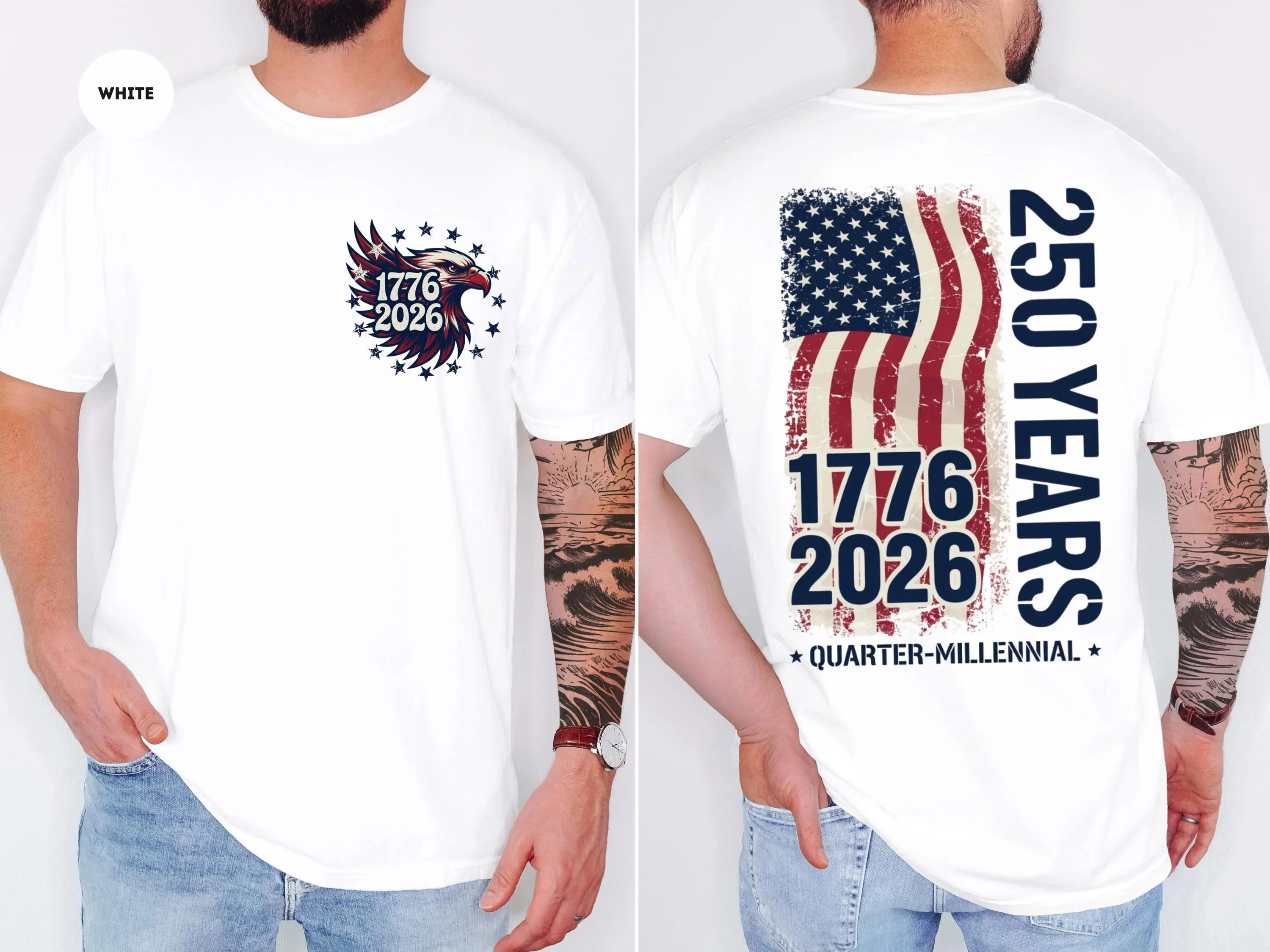 America 250 Years T-Shirt - Small Front Eagle Logo And Back USA Flag 1776 2026 Quarter Millennial Design , Patriotic History Shirt , July 4th Outfit , White Casual Tee , Gift For Proud Americans