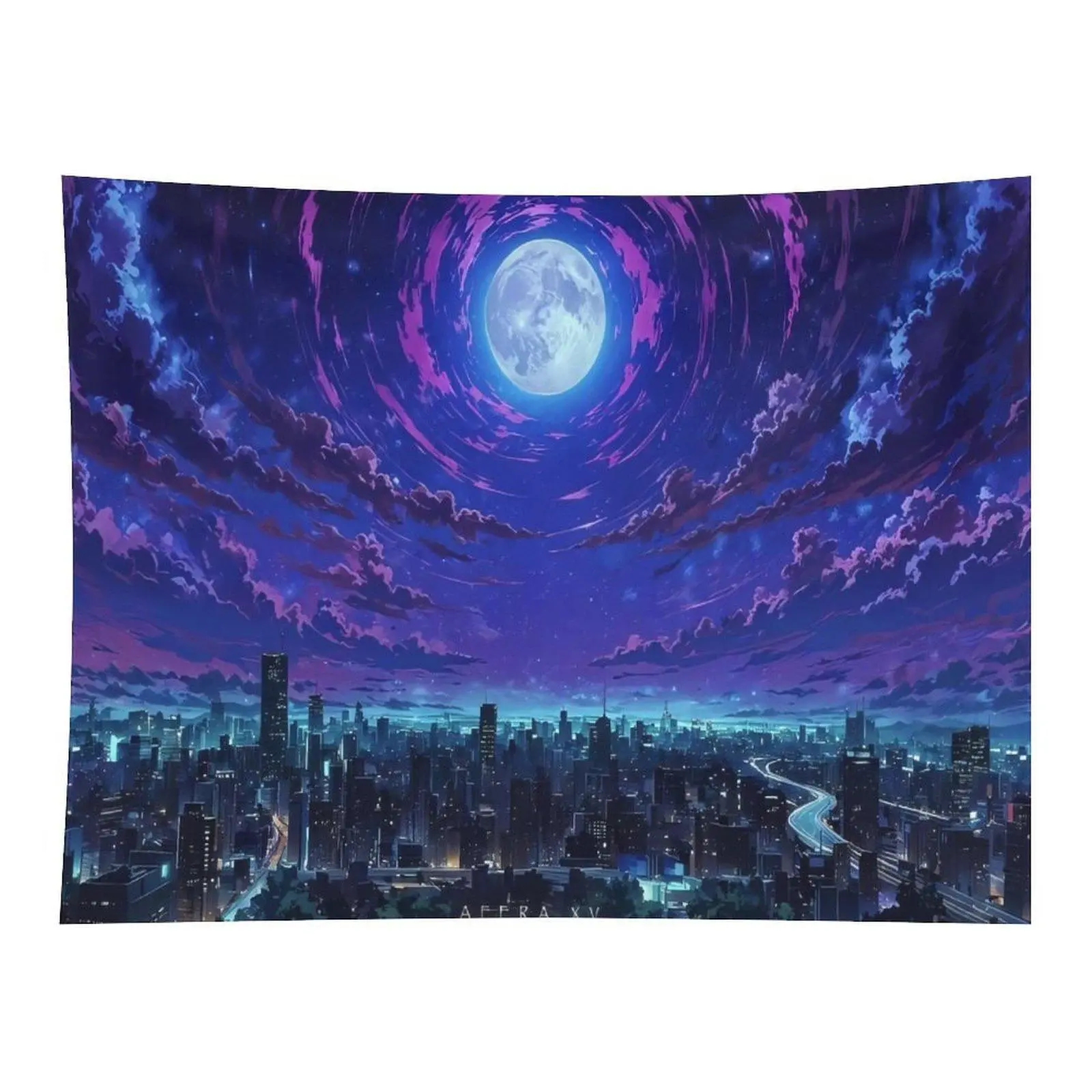 Anime Purple Swirl Galaxy Full Moon City Skyline Wall Tapestry Wall Hanging, Dreamy Cosmic Night Urban Landscape Art Decor for Teen Anime Fans Bedroom Dorm Desk Background