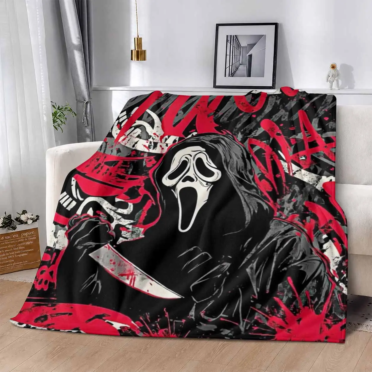 Graffiti Scary Mask Flannel Blanket. Artistic Street Art Print. Soft Lightweight Warm Plush Throw. Perfect Gift For Bed. Sofa. Living Room. Travel. Camping. Breathable Cozy Decorative Bedspread.