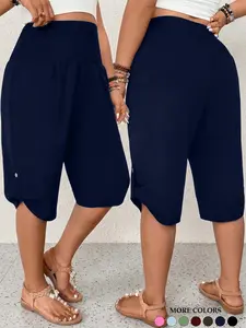 Women's Plus Size Bermuda Shorts Smocked High Waist Tulip Hem Button Detail Slim Fit Versatile Casual Summer Lounge Basic Outfits Trendy