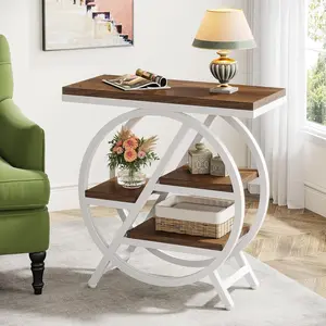 LITTLE TREE End Table for Living Room, 3-Tier Narrow Side Table with Storage, Wood Sofa Side Table with Geometric Metal Frame, Industrial Nightstand and Bedside Table for Bedroom circle base