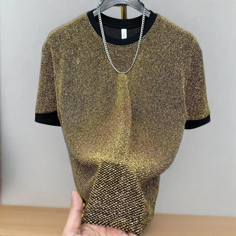 Men's High-End Shiny Silk Short-Sleeve Loose T-Shirt - Casual Everyday Wear Versatile Summer Top
