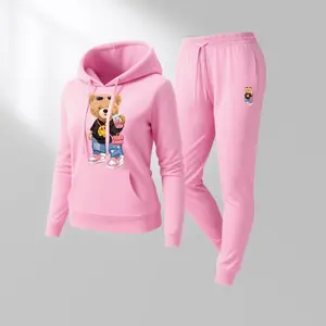 Women's Little Bear Print Hoodie & Drawstring Sweatpants Set 100% Polyester Casual 2-Piece Long Sleeve Fall Winter Sportswear Tracksuit for Indoor Outdoor Activities