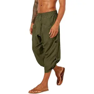 PASLTER  Mens Linen Harem Capri Pants Drawstring 3/4 Shorts Casual Beach Yoga Hippie Thai Pants Menswear Trouser