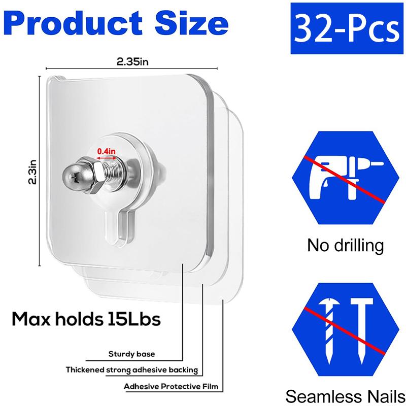 32-Piece No-Punch No-Nail Stickers, HangableShelves,Mural Decorations, With Screw CapsOrganiser Stainless
