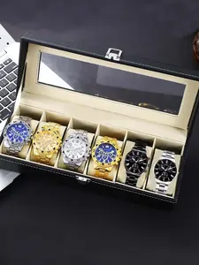 6-piece watch set for men, alloy blue light fake three-stone quartz watch with large dial men's watch set, Casual Trendy Wristwatch, Analog Watch Set