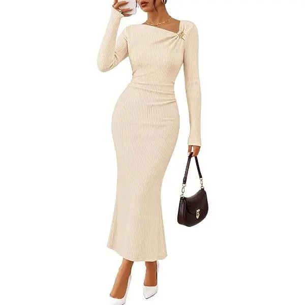 ZESICA Women's Long Sleeve Bodycon Ruched Maxi Cocktail Work Fall Dress | Asymmetrical Neck, Ribbed Knit, Mermaid Long Dress, Elegant Wedding Guest Dress, Trendy Formal Dress