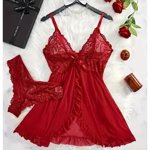 A Solid Color Sexy Nightgown Contrasted with Lace, Featuring a V-Neck, Open Back, And Ruffled Hem, Paired with T-Pants for a Comfortable Sleepwear Option.(Sheets)