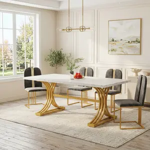 63 Inch Rectangular Dining Table for 4-6 People, Modern White and Gold Kitchen Dinner Table, Elegant Faux Marble Tabletop with Stylish Metal Legs, Multi-Purpose Luxury Household Furniture for Kitchen, Dining Room Home Decoration