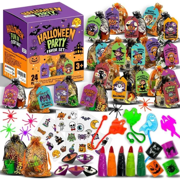 24 Pack Halloween Party Favors for Kids–Prefilled Mesh Treat Bags with Toys, Gift Tags & Twine–Trick or Treat Goodie Bag Fillers, Classroom Prizes & Exchange Gifts