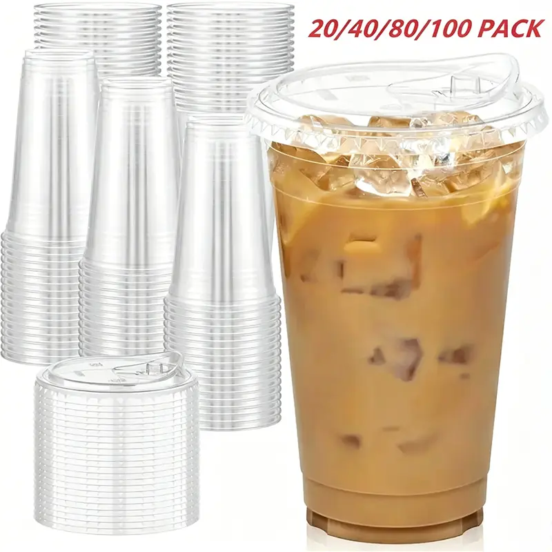 16/24oz Ice Coffee Cup with Lid, Plastic  Clear Reusable Plastic Beverage Drinking Cups, Transparent Plastic, Disposable Cups, No Straw Reusable for Parties Weddings Events Drinks, Party Pack