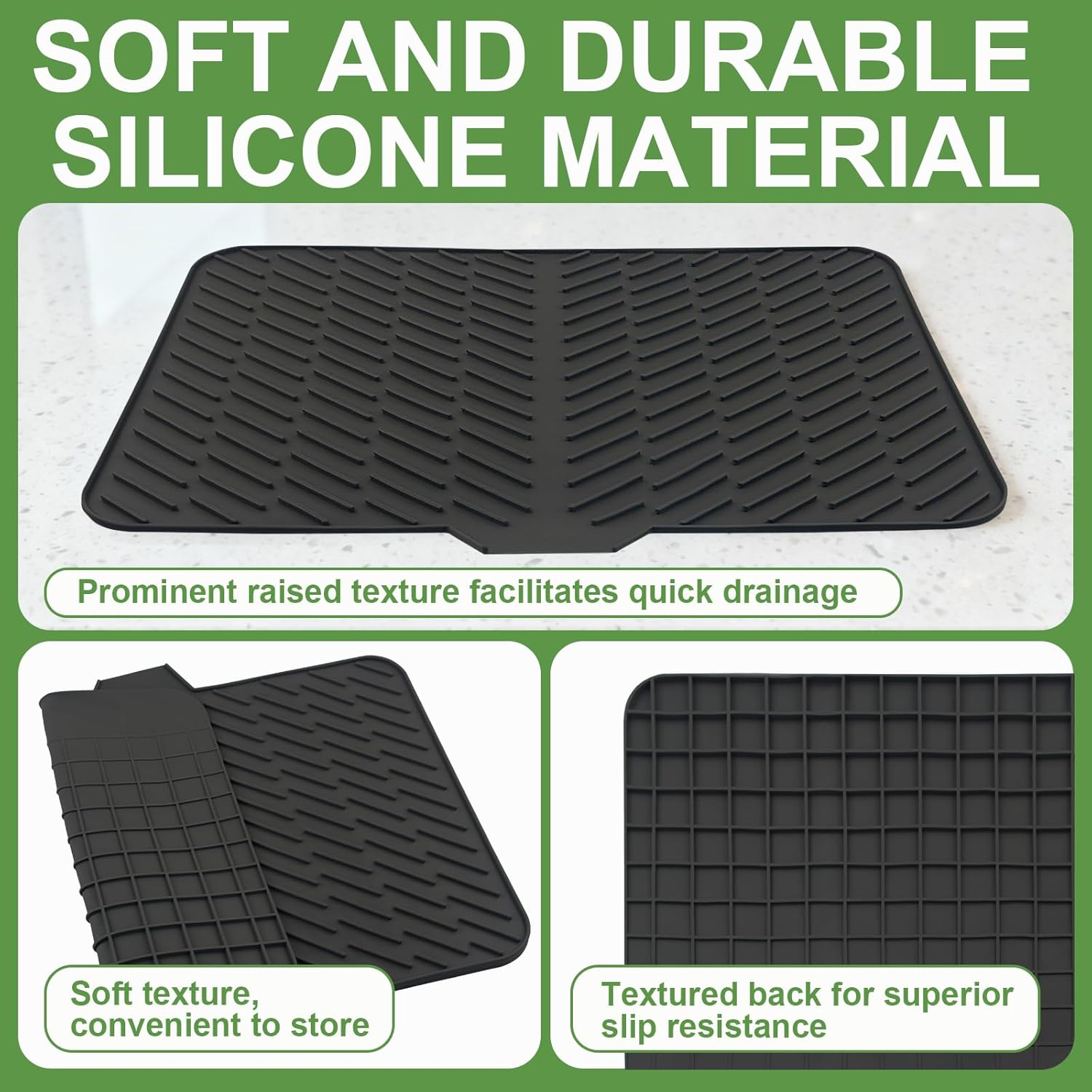 Silicone Drying Mat, 23"X17" With Built-in Drain Lip,Heat-Resistant,Eco-friendly,Hygienic Drying Pad,Leak-Proof and Non-Slip,Silicone Dish Drying Mat for Kitchen Counter or Sink