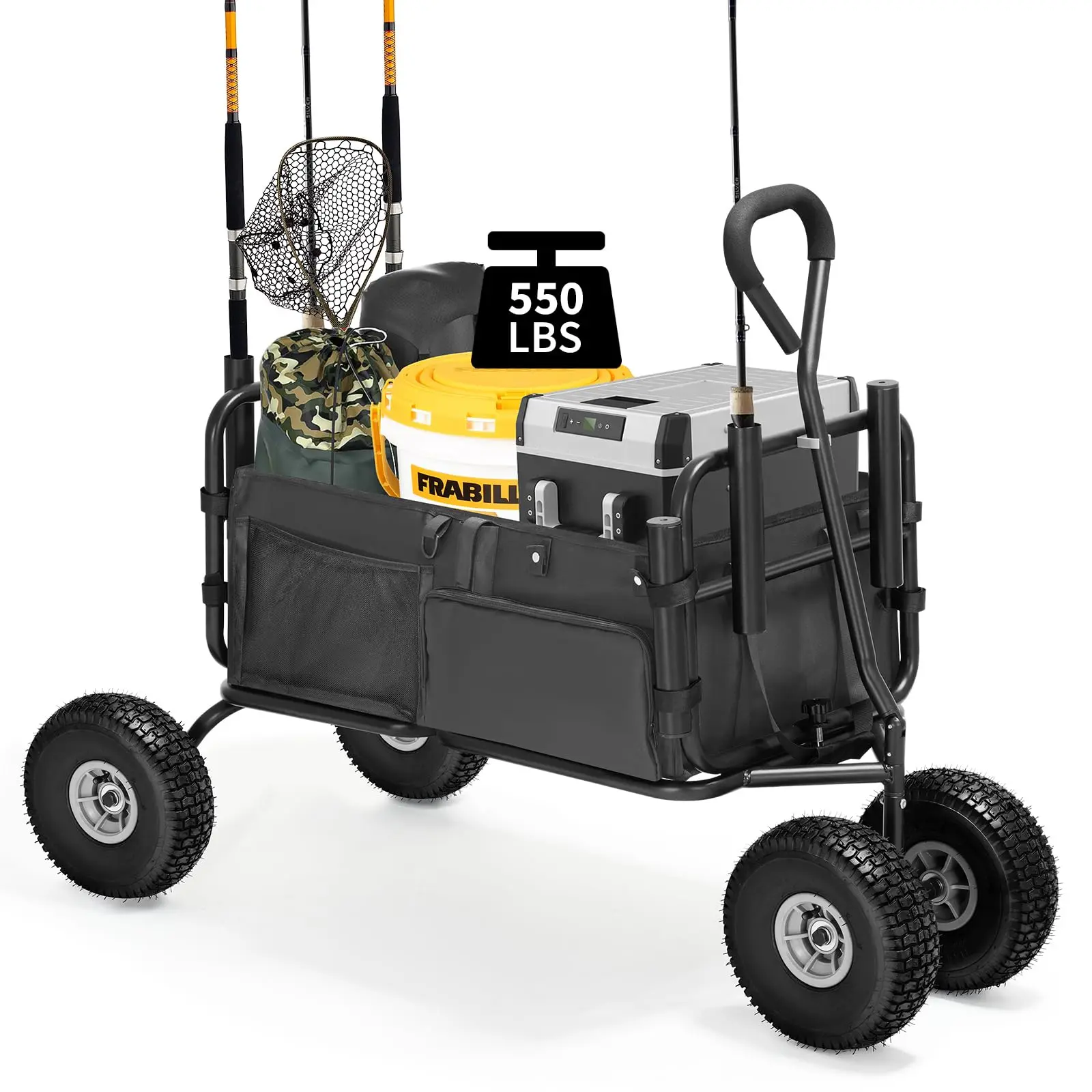 Polar Aurora Fishing Cart Beach Cart Collapsible Wagon w/11'' All-Terrain Wheels for Sand, Heavy Duty Garden Cart with Rod Holders,Umbrella Holder and Storage Pockets, 550lb Large Capacity