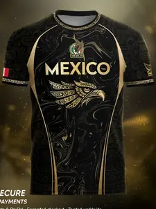 Mexico Black Gold Aztec Eagle Patriotic Soccer Jersey, 3D Full‑Print Short Sleeve Tee with Mayan Tribal Totem, Mexico Team Badge Breathable Quick Dry Fabric for Mexican Patriots, Football Fans, Cultural Enthusiasts