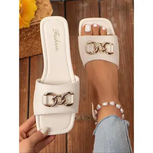 Women's Fashionable Chain Decorated Slide Sandals, Casual Open Toe Sandals for Summer, Trending Shoes