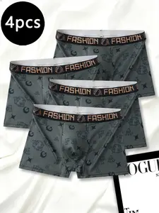 Men's Letter Print Boxer Briefs 4 Pack, Letter Waistband Breathable No Chafing Underwear for All Seasons