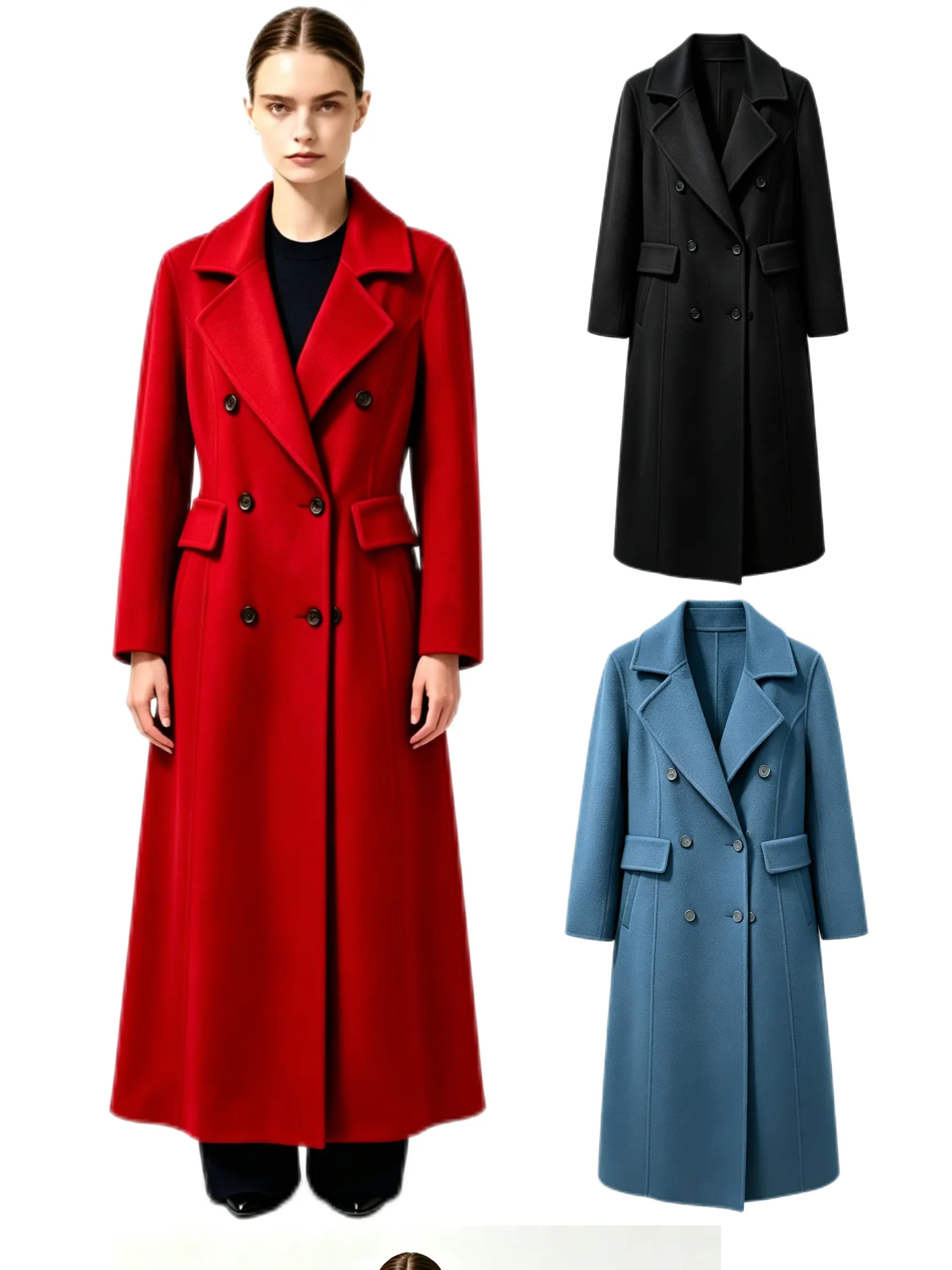 Women Elegant Double Breasted Wool Maxi Coat Notched Lapel Tailored Overcoat Back Waist Design Slim Long Winter Outerwear for Wedding Party Daily Wear