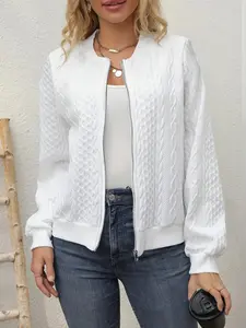 Casual Solid Zipper Front Jacket with Textured Jacquard Fabric, Stylish and Practical Everyday Outerwear, Perfect Layering Piece for All Seasons