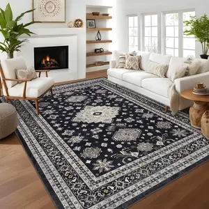 【GARVEE】Vintage Rug Living Room Rug 8x10 Washable Rugs for Bedroom Large Non-Slip Distressed Accent Rug Low Pile Soft Indoor Carpet Oriental Floral Throw Rugs for Dining Room Office Nursery Black