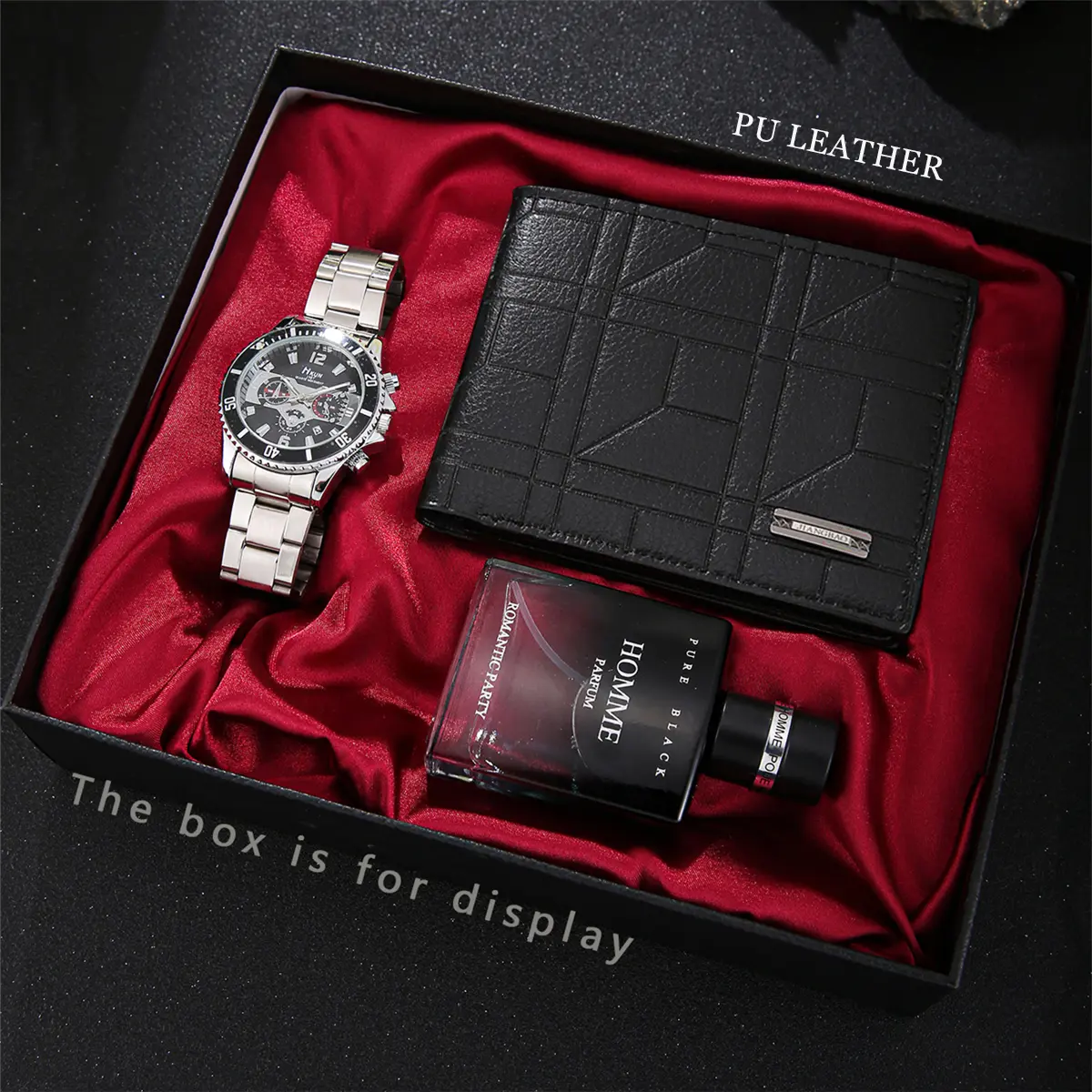 Men’s 3-piece silver fashion watch set featuring a black wallet and elegant perfume, suitable for business, dates, and everyday wear—the perfect holiday birthday gift for him