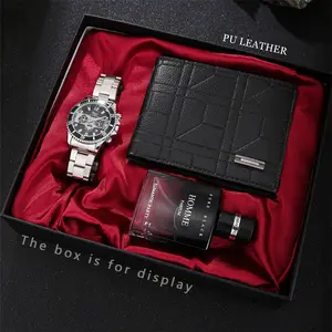 Men’s 3-piece silver fashion watch set featuring a black wallet and elegant perfume, suitable for business, dates, and everyday wear—the perfect holiday birthday gift for him