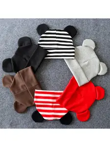 3D bear ear pull-on hat multi-color stripe / solid color knit beanie small size autumn winter warm hat