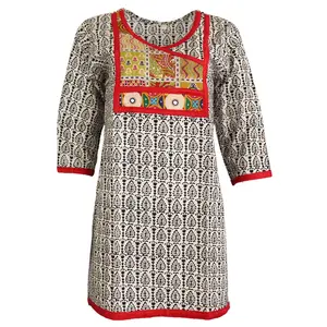 Tunic for Women Leaf Design Red Velvet V-Neck Yoke with Embroidery, 3/4 Sleeves, Long Kurti, Kurta Tunic Top.