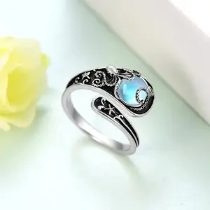 Vintage 925 Sterling Silver Moonstone Spoon Ring for Women, Adjustable Open Band, Retro Flower Engraved Pattern And Octopus Design Jewelry Gift animal series Statement Rings